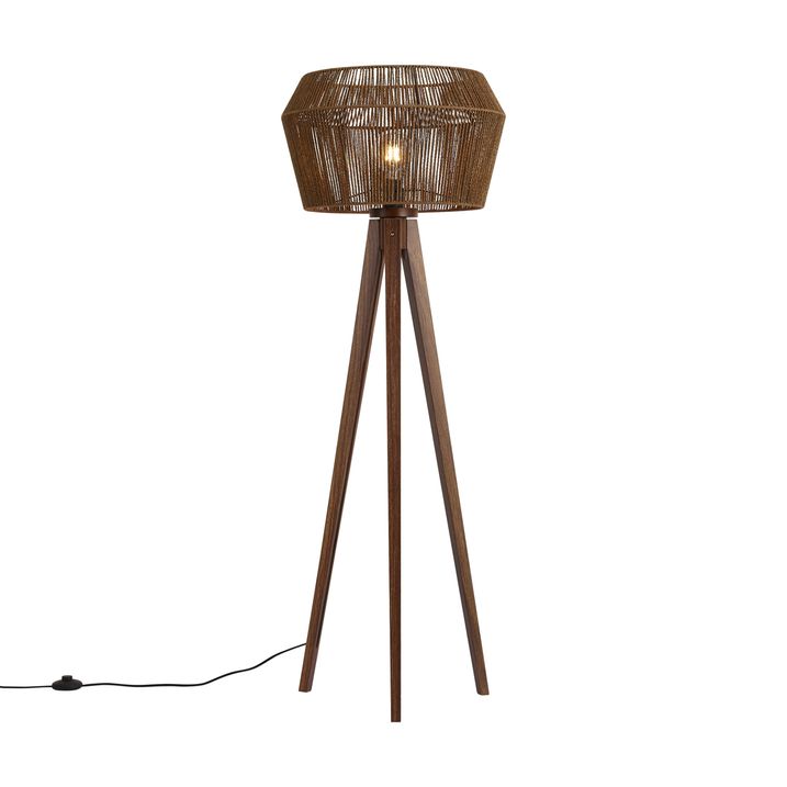 Vloerlamp walnoot hout met bruine papieren touw kap 50/50/30 - Tripod Classic