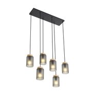 Suspension-moderne-noire-avec-bois-et-verre-gris-mat-6-lumières---Umbra