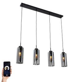 Smart Pendant Lamp Black with Smoke Glass 4-Lights Incl. 4 Wifi ST64 - Laura