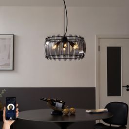 Lampa suspendată inteligentă neagră cu sticlă fumurie rotundă cu 6 lumini, inclusiv WiFi C35 - Mochan