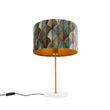 Candeeiro-de-Mesa-em-Latão-com-Abajur-de-Veludo,-Design-Folha-e-Interior-Dourado---Kaso