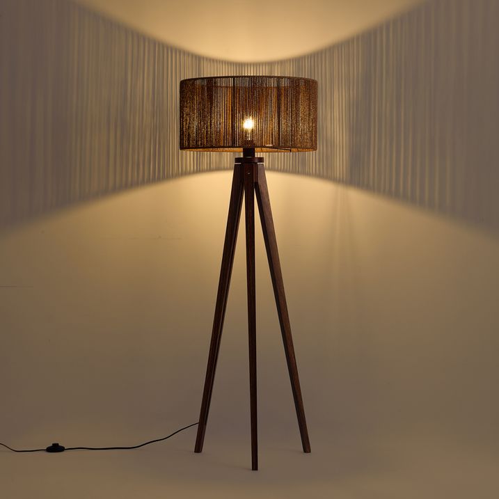 Stehleuchte aus Nussbaumholz mit braunem Papierseilschirm 50/50/25 - Tripod Classic