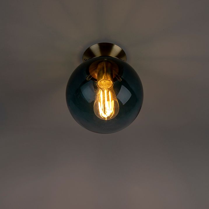 Lampa sufitowa art deco mosiądz z oceanicznym niebieskim szkłem - Pallon
