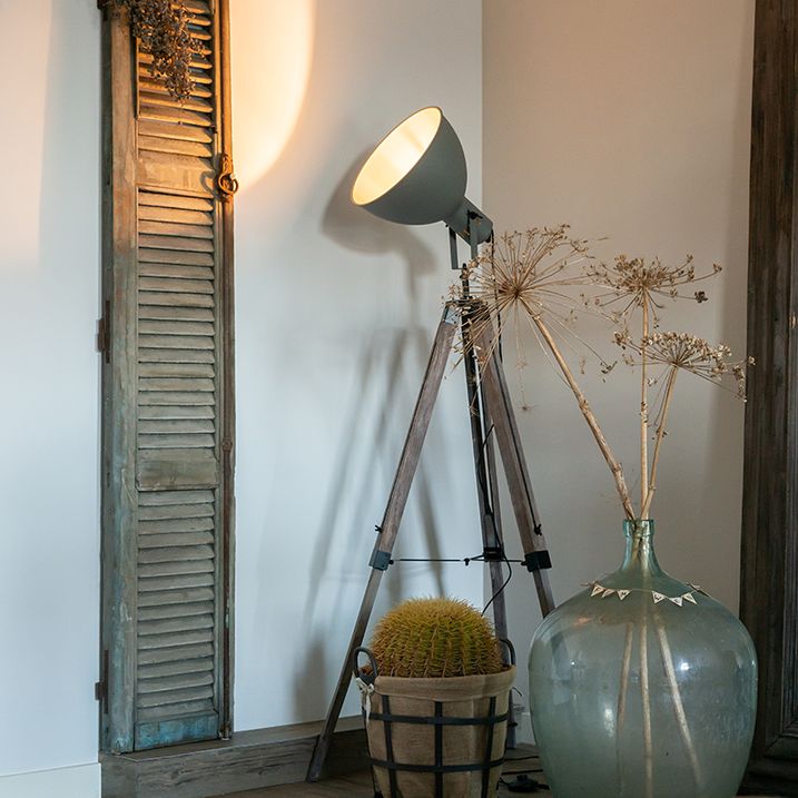 Industrial Floor Lamp on Wooden Tripod with Grey Lampshade - Laos