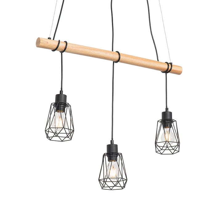 Landelijke hanglamp zwart met hout 3-lichts - Dami Frame