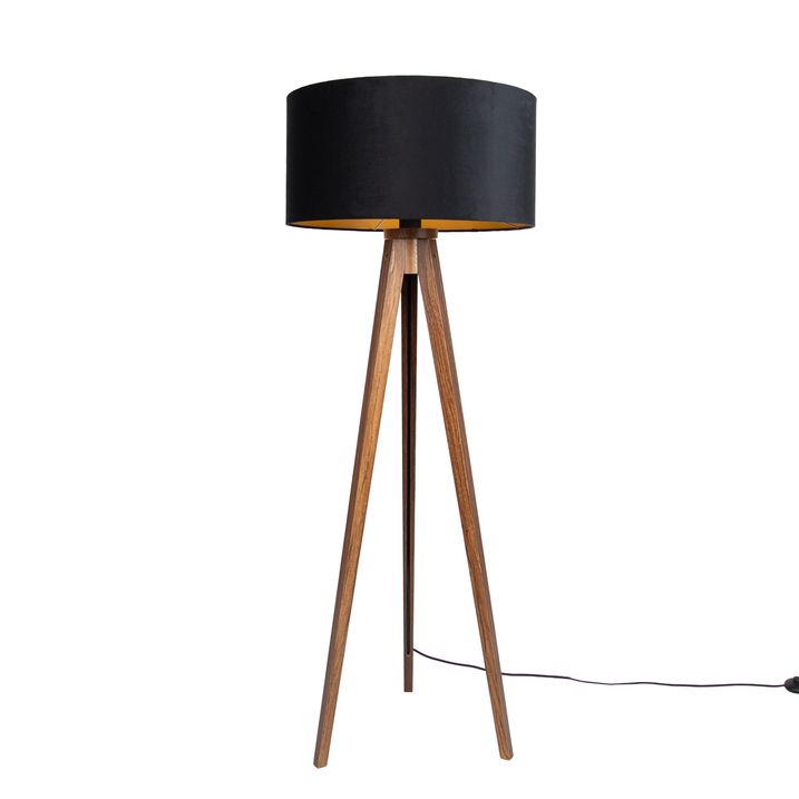 Gulvlampe valnøtttre med svart skjerm med gullinteriør 50 cm - Tripod Classic