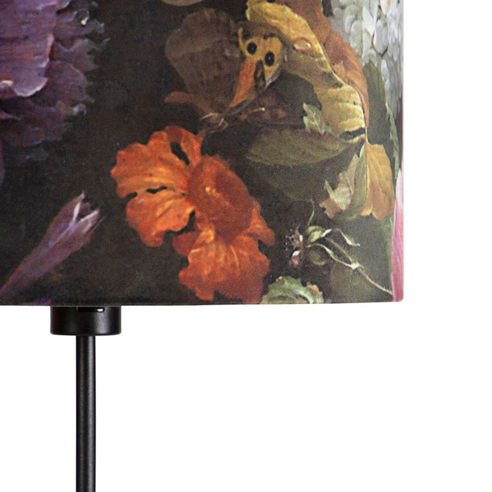 Stojací lampa černá s sametovým stínítkem s květinami 35 cm - Parte