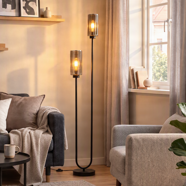 Candeeiro de pé inteligente preto com vidro fumê 2-luzes Incl. 2 Wifi ST64 - Laura