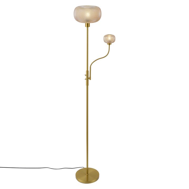 Design-Stehleuchte Messing mit bernsteinfarbenem Glas 2-flammig - Brianna
