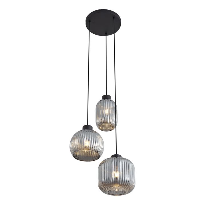 Design hanglamp zwart met smoke glas 3-lichts - Ana