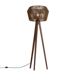 Vloerlamp-walnoot-hout-met-bruine-papieren-touw-kap-50/50/30---Tripod-Classic