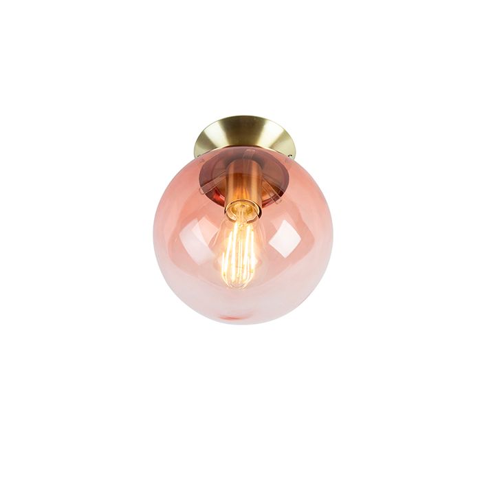 Art Deco taklampa mässing med rosa glas - Pallon