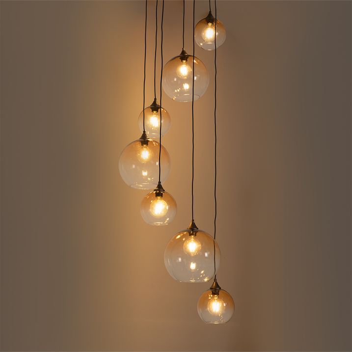 Art deco hanglamp brons met amber glas rond 7-lichts - Sandra