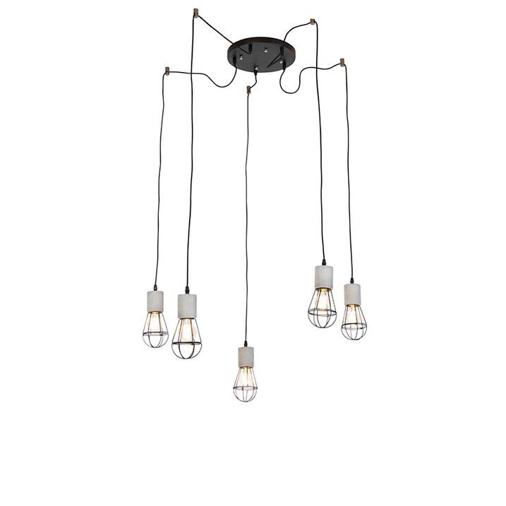 Industriele hanglamp 5-lichts beton met zwart - Edison