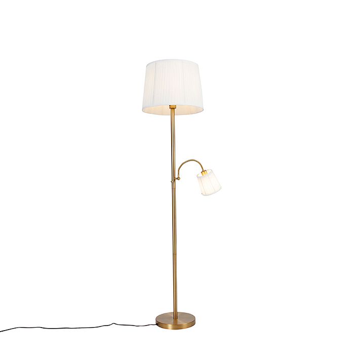 Klasická stojaca lampa bronzová látkové tienidlo biele s lampou na čítanie - Retro