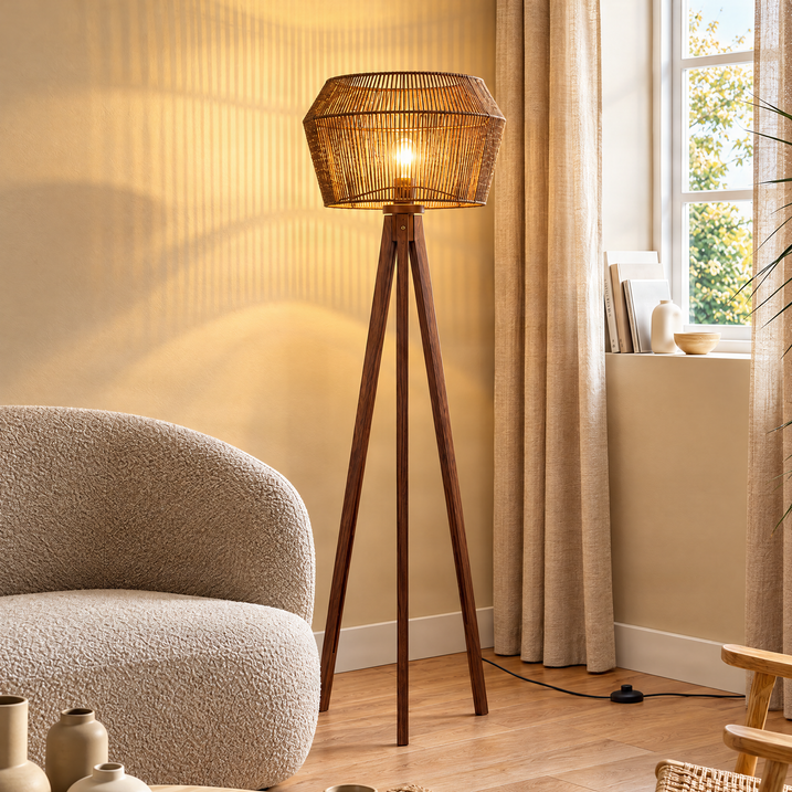 Vloerlamp walnoot hout met bruine papieren touw kap 50/50/30 - Tripod Classic