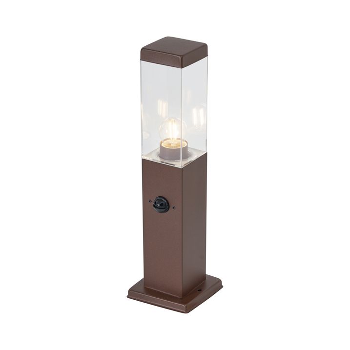 Lampa zewnętrzna rdzawobrązowa z przezroczystym szkłem 45 cm IP44 z gniazdem i czujnikiem ruchu - Malios