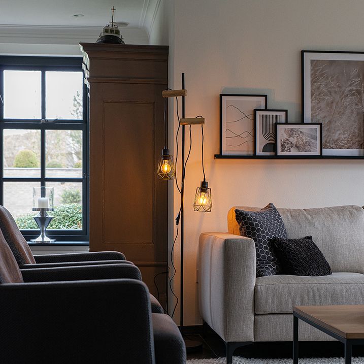 Landelijke vloerlamp zwart met hout 2-lichts met kap - Dami Frame