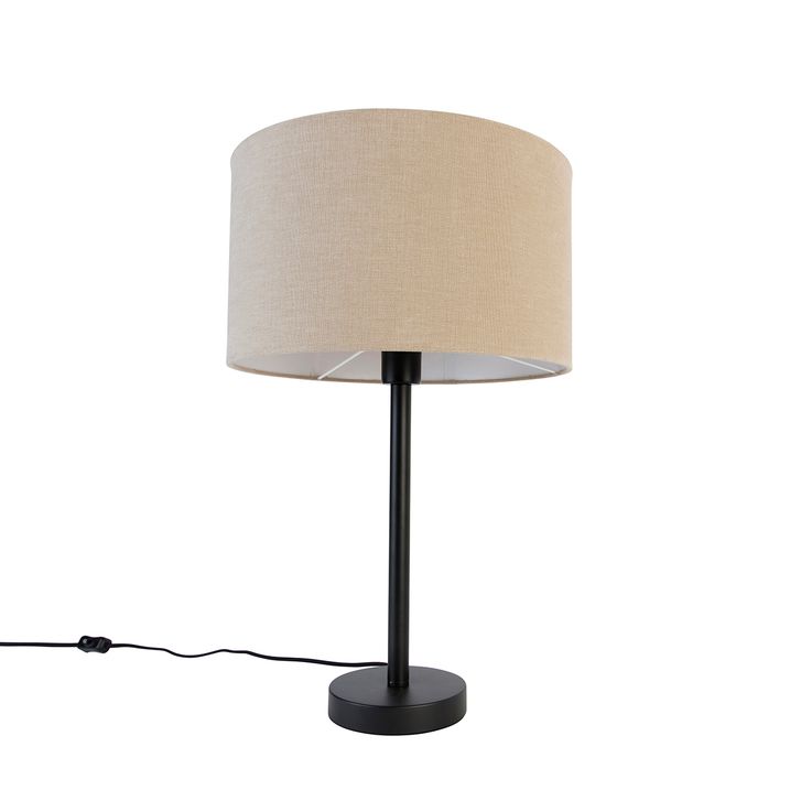 Nowoczesna lampa stołowa czarna z jasnobrązowym abażurem z tkaniny 35 cm - Simplo