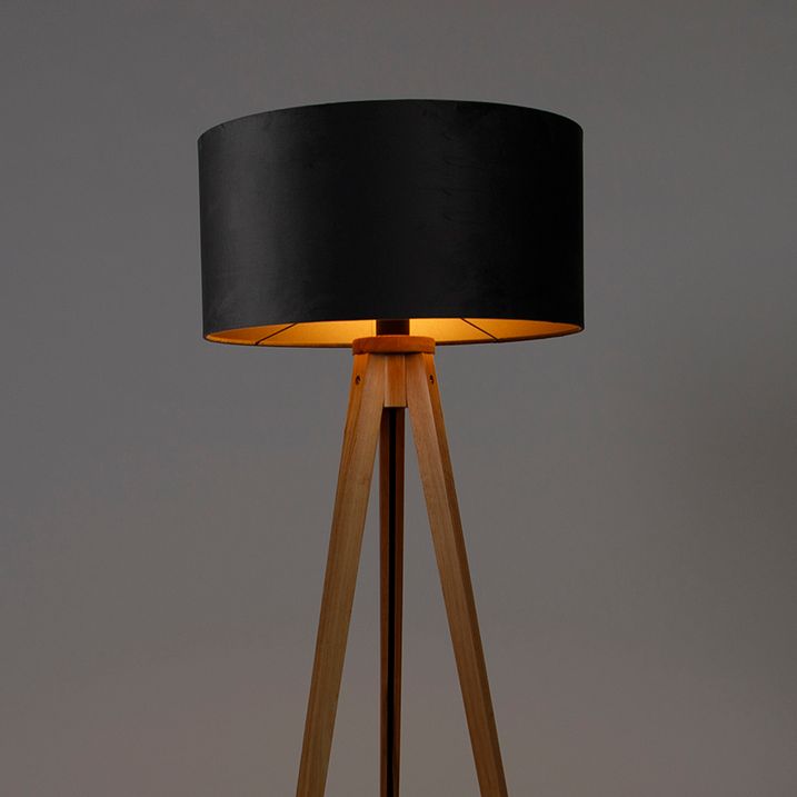 Stojací lampa dřevěná s šedým látkovým stínidlem 50 cm - Tripod Classic