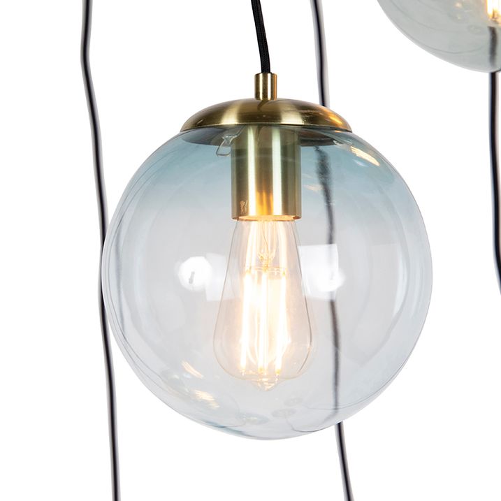 Lampă suspendată Art Deco din alamă cu sticlă albastră 7 lumini - Pallon