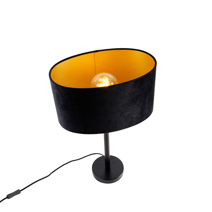 Stolová lampa čierna s oválnym zamatovým tienidlom čiernym 35 cm - Simplo