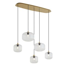 Design hanglamp messing met helder ribbel glas 5-lichts - Karel