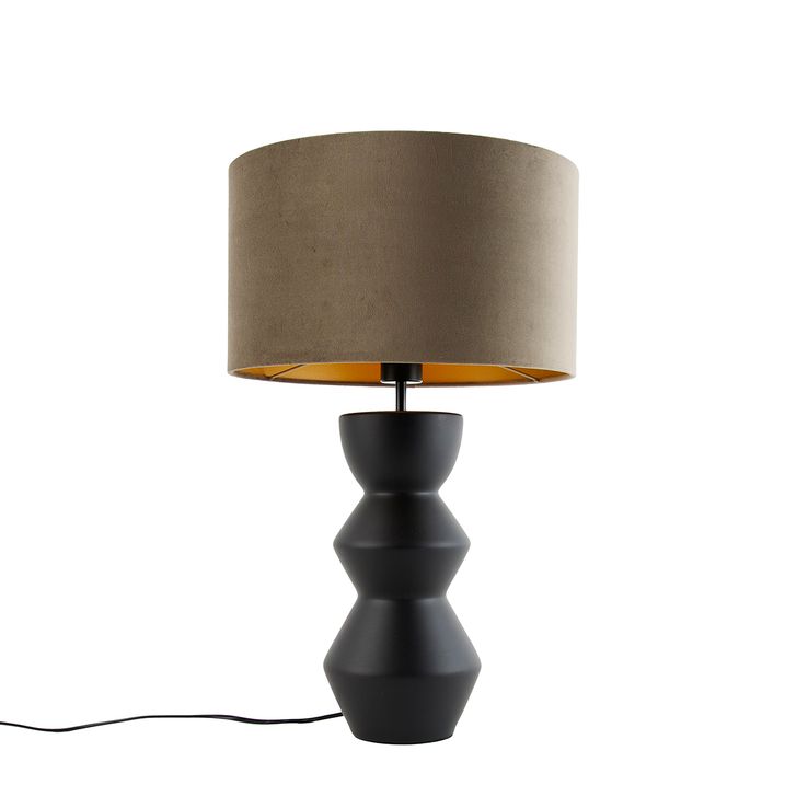 Design Table Lamp Black Velvet Shade Taupe with Gold 35 cm - Alisia