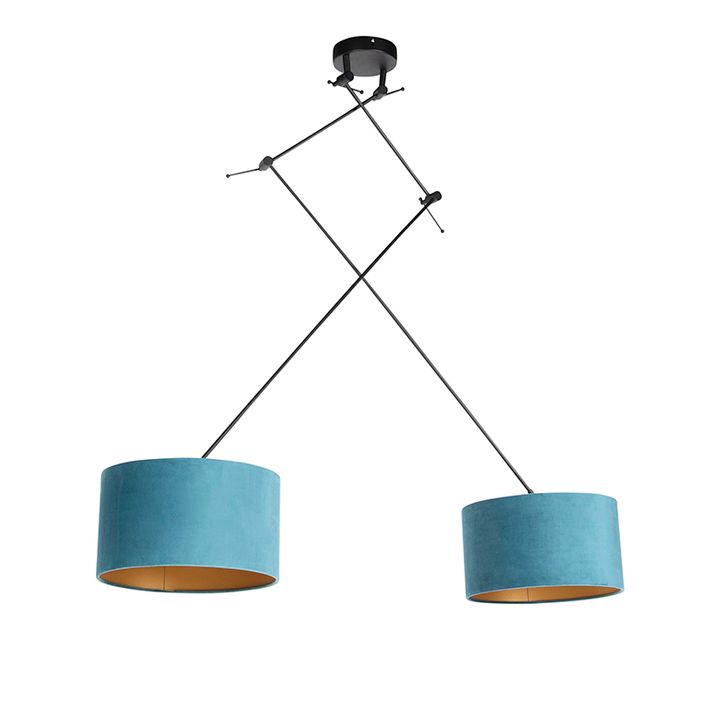 Lampa wisząca czarna z niebieskimi i złotymi abażurami z weluru 35 cm 2-światłowa - Blitz