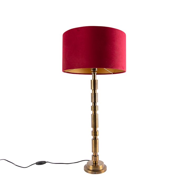 Stolní lampa v art deco stylu bronzová 35 cm s sametovým stínítkem červeným - Torre