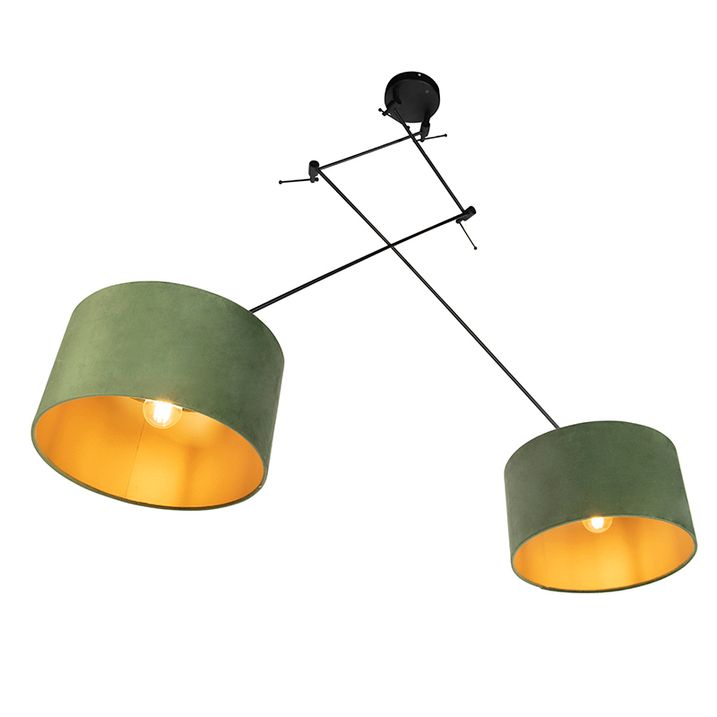 Hengende lampe sort med grønne og gullfløyelslampeskjermer 35 cm 2-lys - Blitz