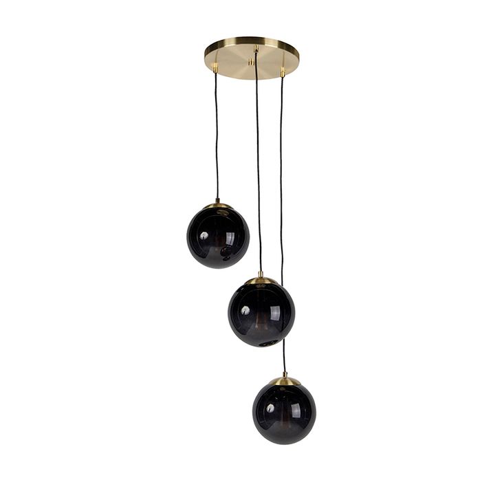 Smart hanglamp messing met zwarte glas 3-lichts incl. Wifi ST64 - Pallon