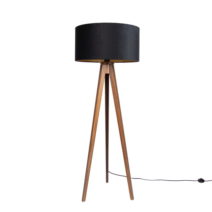 Gulvlampe valnøtttre med svart skjerm med gullinteriør 50 cm - Tripod Classic