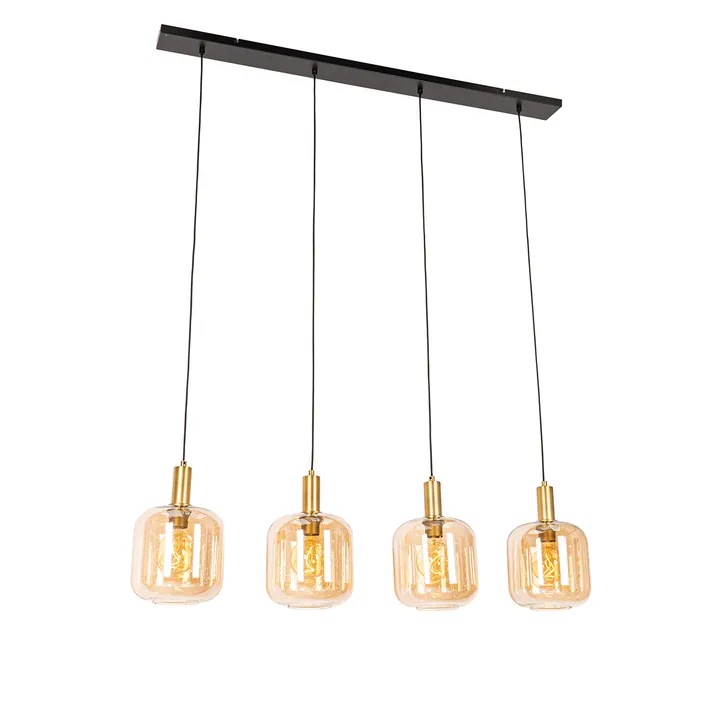 QAZQA - Art Deco Art deco plafondlamp zwart met amber glas - Bizle | Woonkamer | Slaapkamer | Keuken - Glas Rond - E27 Geschikt voor LED - Max. 1 x 25 Watt