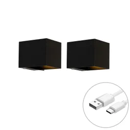 Set van 2 wandlampen zwart met dimmer oplaadbaar - Joris