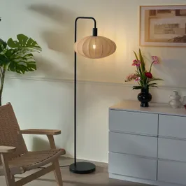 Japandi stoječa svetilka črna z rjavim senčilom iz blaga - Bida