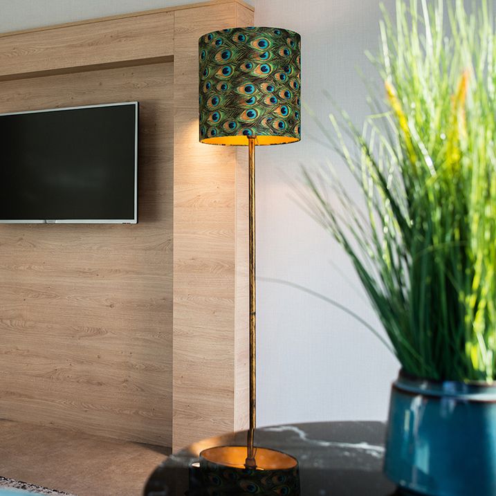 Vintage golvlampa guld med påfågelskärm 40 cm - Simplo