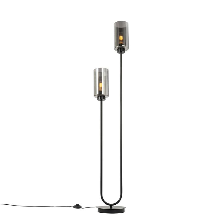 Candeeiro de pé inteligente preto com vidro fumê 2-luzes Incl. 2 Wifi ST64 - Laura