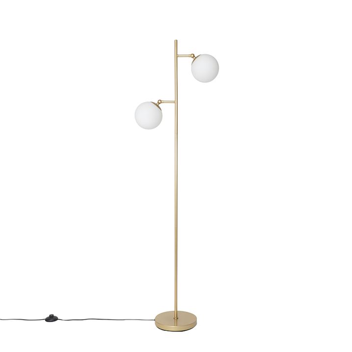 Candeeiro de pé Art Déco dourado com vidro opalino 2 luzes - Pallon