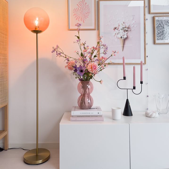 Art Deco Stehleuchte Messing mit rosa Glas - Pallon