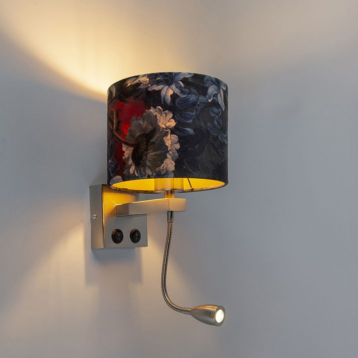 Nástěnná lampa ocelová s sametovým stínítkem s květy a zlatem - Brescia