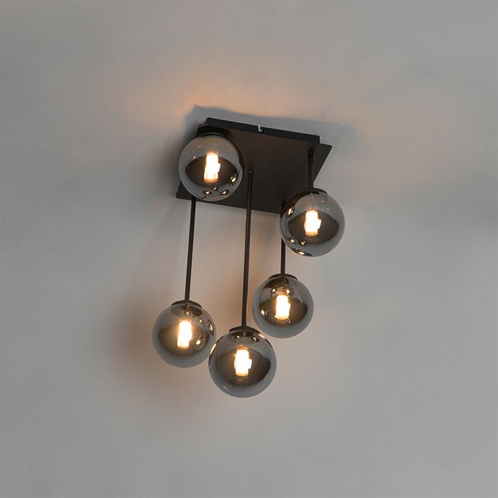Mūsdienu griestu lampa melna 5 gaismu ar dūmu stiklu - Atēnas