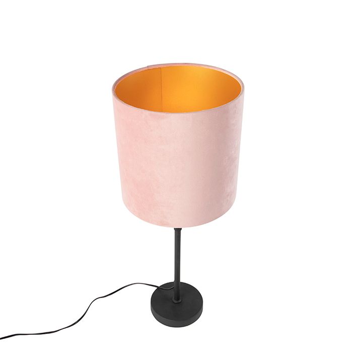 Stolní lampa černá s růžovým sametovým stínítkem se zlatem 25 cm - Parte
