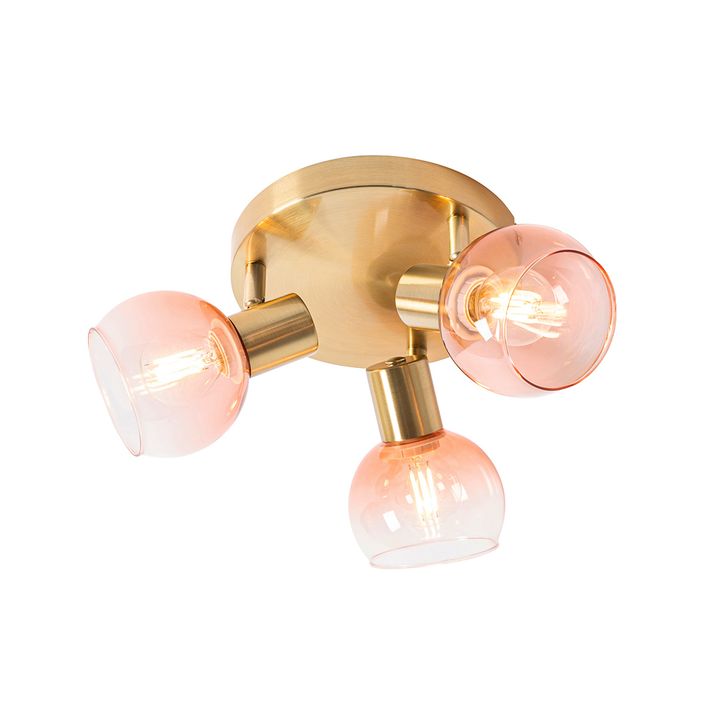 Plafonska lampa u stilu Art Deco zlatne boje sa ružičastim staklom 3-svetla - Vidro