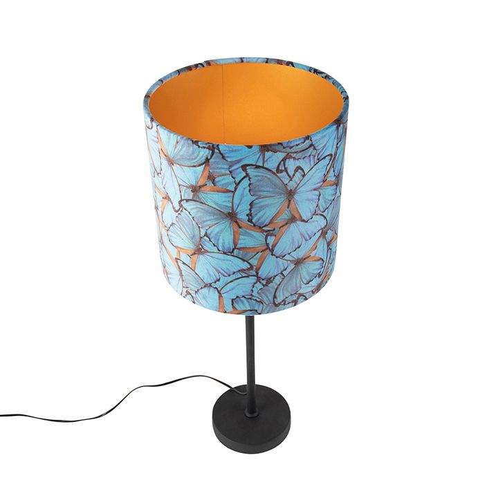 Stolní lampa černá s sametovým stínítkem s motýly a zlatem 25 cm - Parte