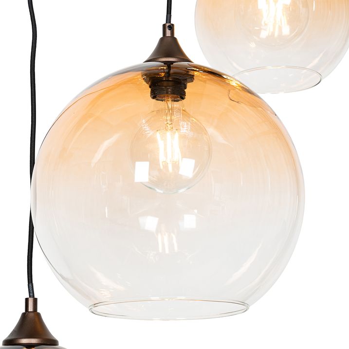Art deco hanglamp brons met amber glas rond 7-lichts - Sandra