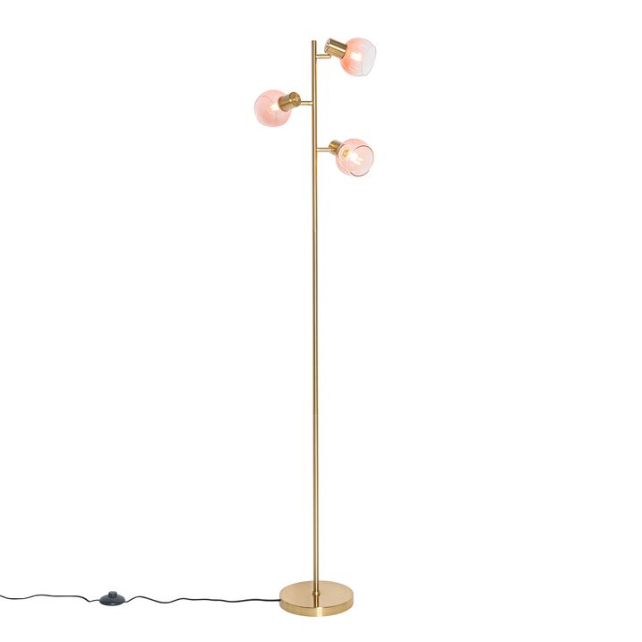 Art Deco podna lampa zlatna sa roze staklom 3-svetla - Vidro