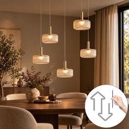Design-Pendelleuchte Roségold mit Amberglas inkl. LED 3-Stufen dimmbar 5-flammig Easylift - Fiera