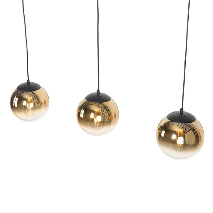 Art Deco Hängeleuchte schwarz mit goldfarbenem Glas länglich 3-flammig - Pallon