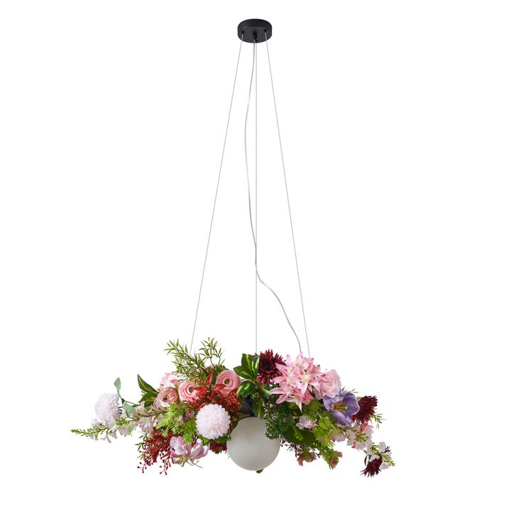 Bohemianische Hängelampe schwarz mit farbigen Blumen rot und pink - Flower Power